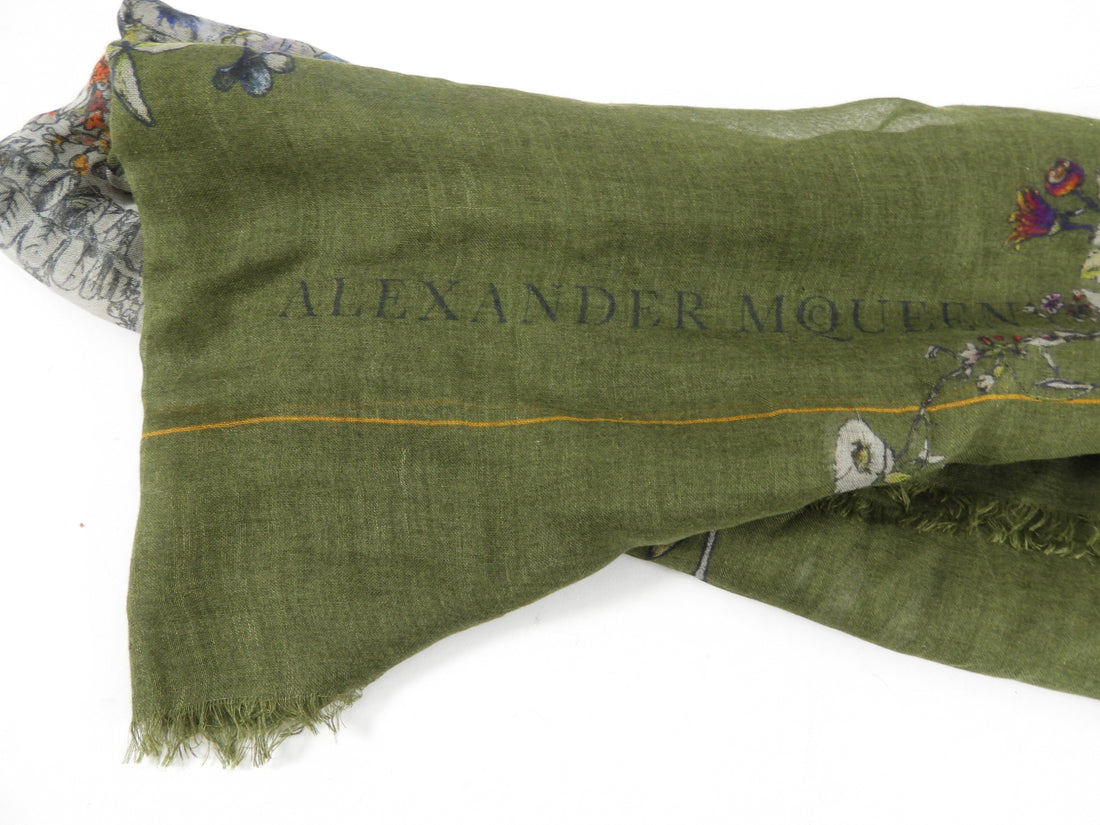 Alexander McQueen Cashmere Silk Olive Green Floral Skull Scarf