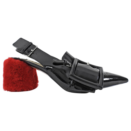 Miu Miu Black Patent Leather Buckle and Red Faux Fur Block Heels - 38