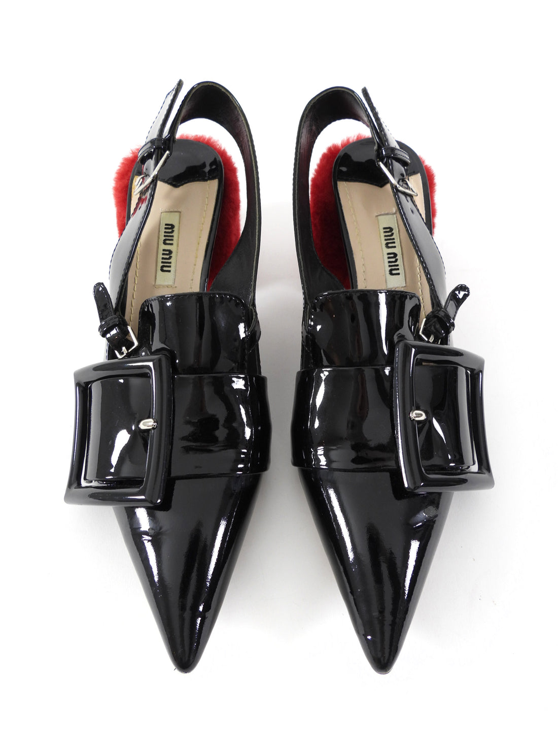 Miu Miu Black Patent Leather Buckle and Red Faux Fur Block Heels - 38
