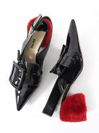 Miu Miu Black Patent Leather Buckle and Red Faux Fur Block Heels - 38