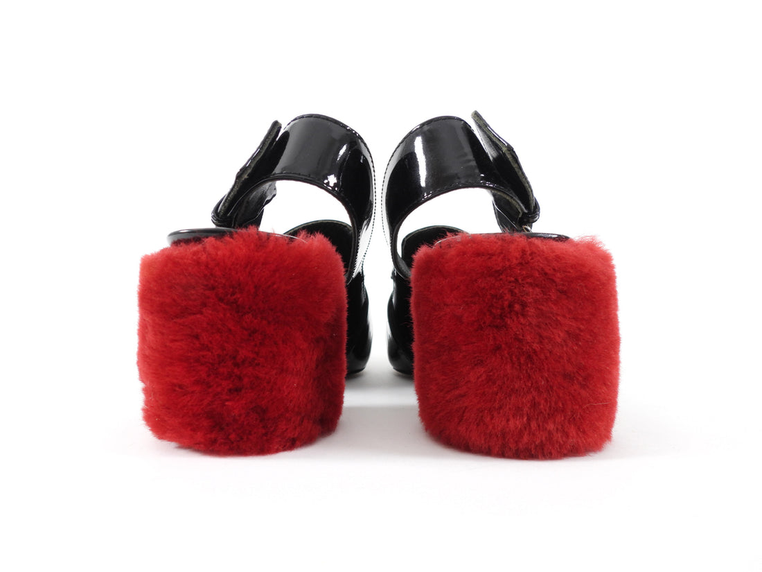 Miu Miu Black Patent Leather Buckle and Red Faux Fur Block Heels - 38