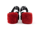 Miu Miu Black Patent Leather Buckle and Red Faux Fur Block Heels - 38
