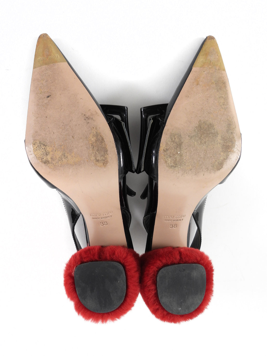 Miu Miu Black Patent Leather Buckle and Red Faux Fur Block Heels - 38