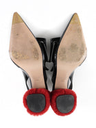 Miu Miu Black Patent Leather Buckle and Red Faux Fur Block Heels - 38