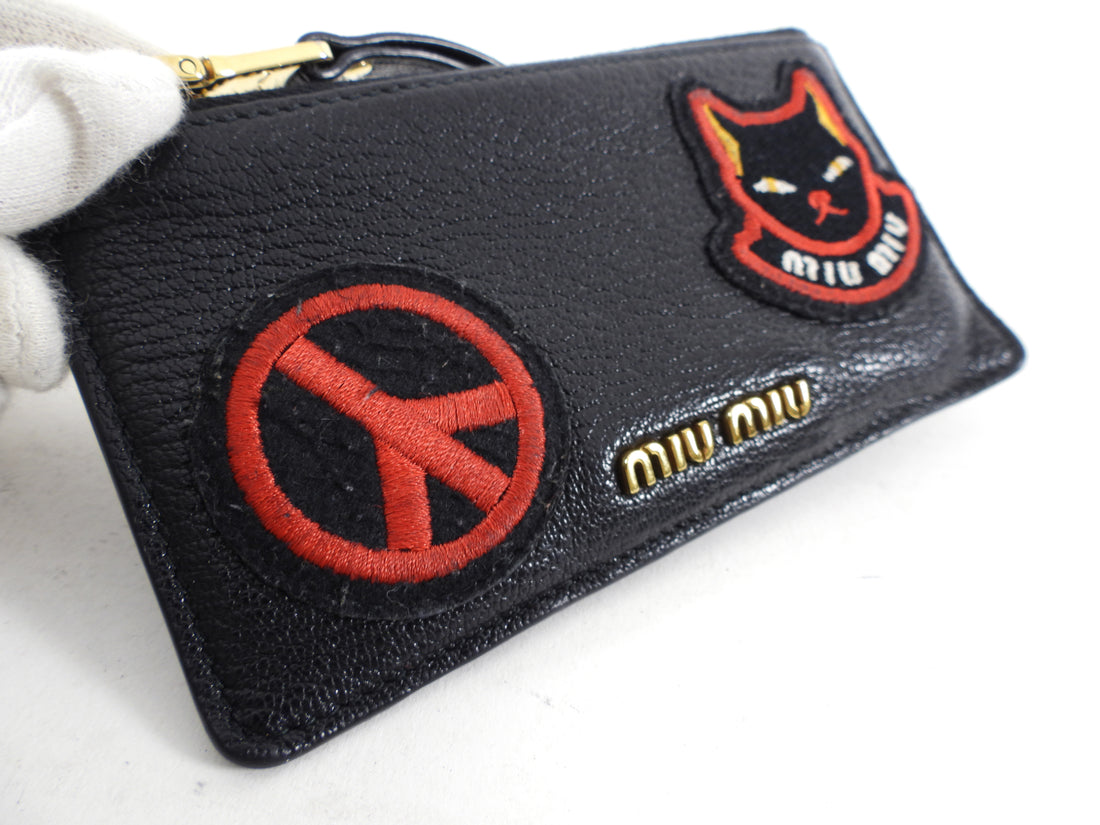 Miu Miu Black Leather Cat Patch Card Holder