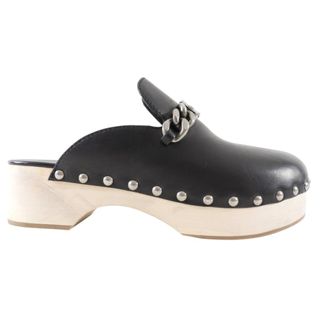 Miu Miu Black Leather Logo Chain Plaque Wood Clogs - 40