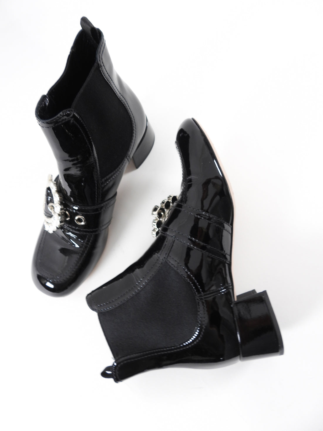 Miu Miu Black Patent Leather Crystal Block Heel Ankle Boots 37