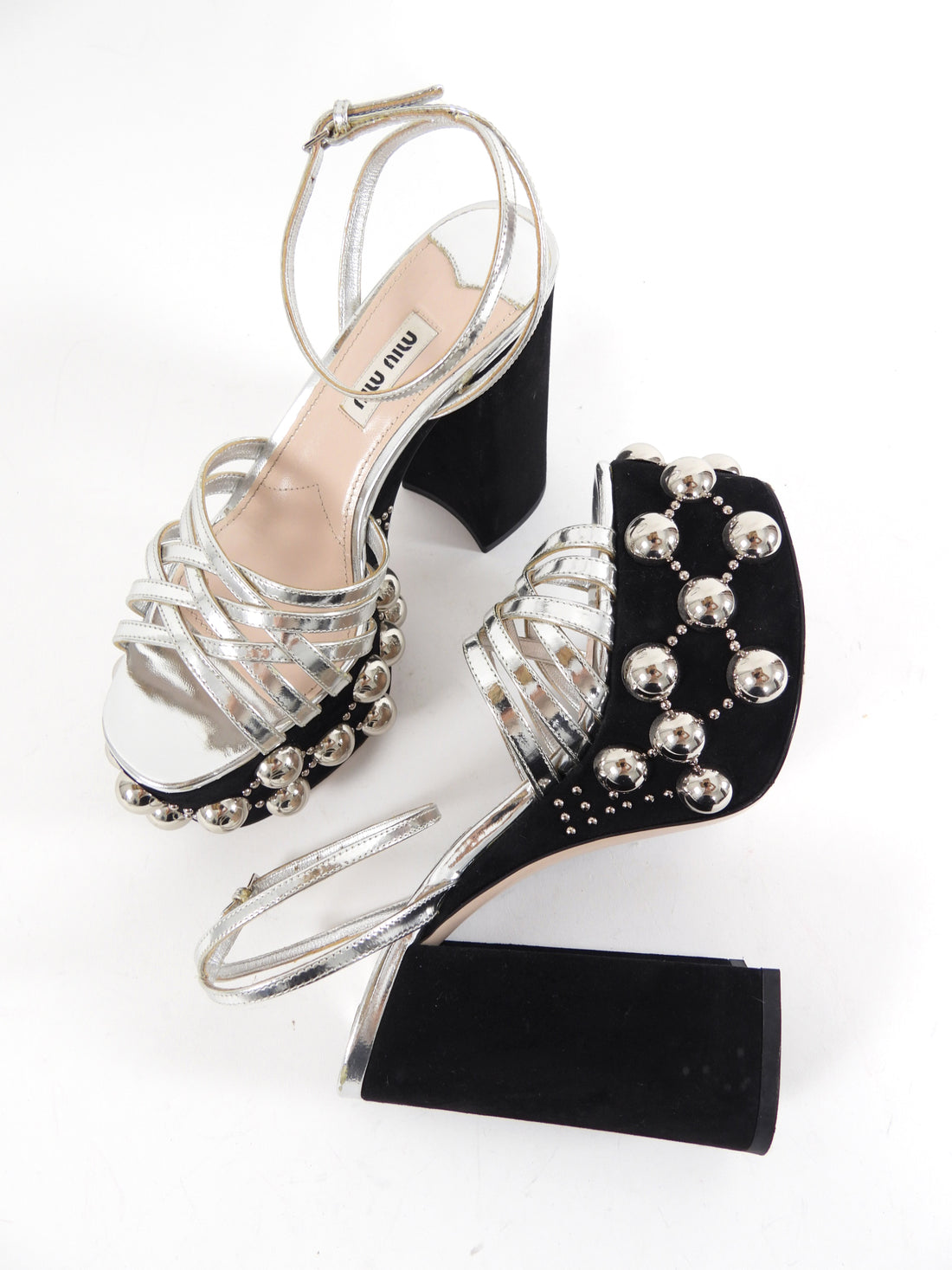 Miu Miu Silver Metallic Stud Chunky Platform Sandals - 36.5