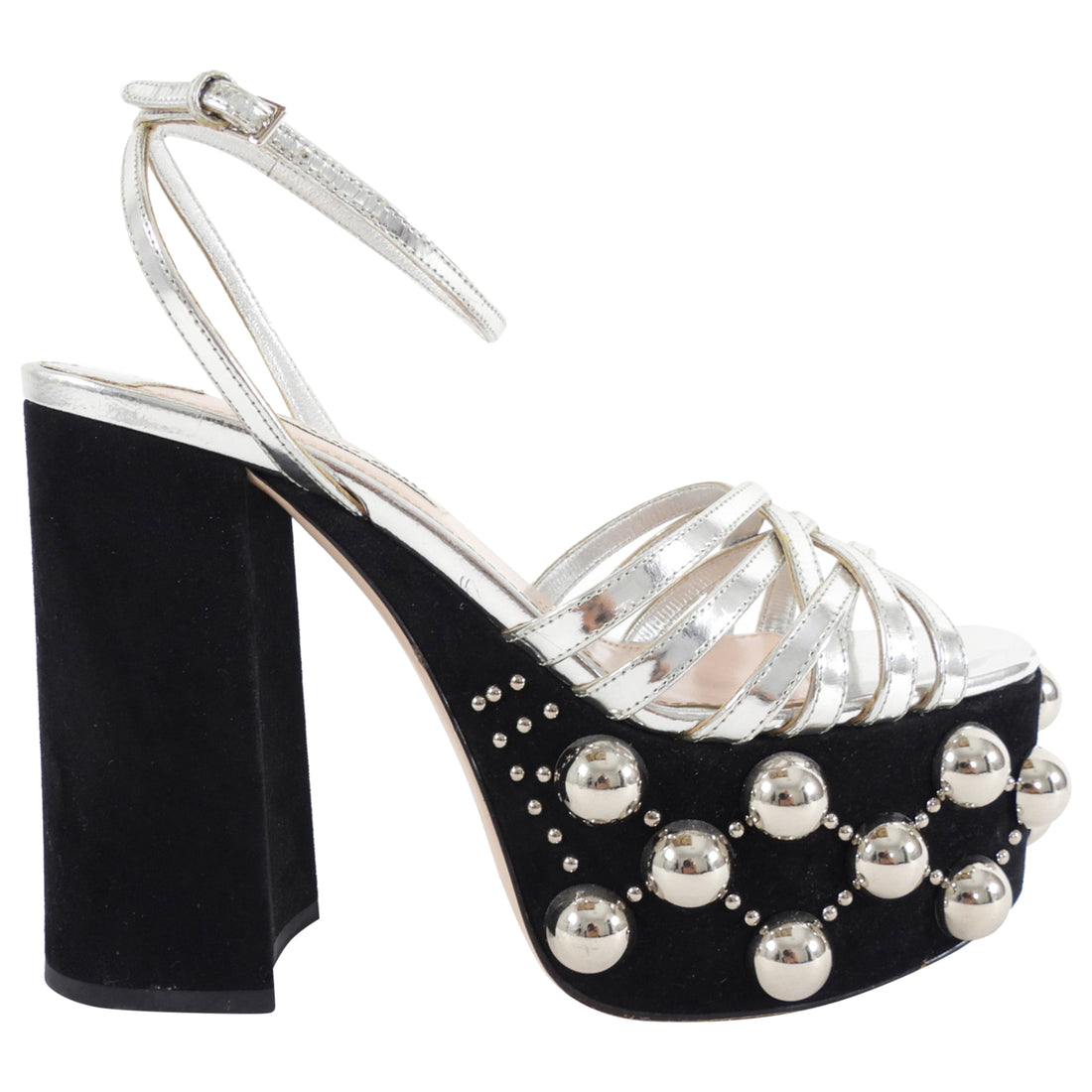 Miu Miu Silver Metallic Stud Chunky Platform Sandals - 36.5