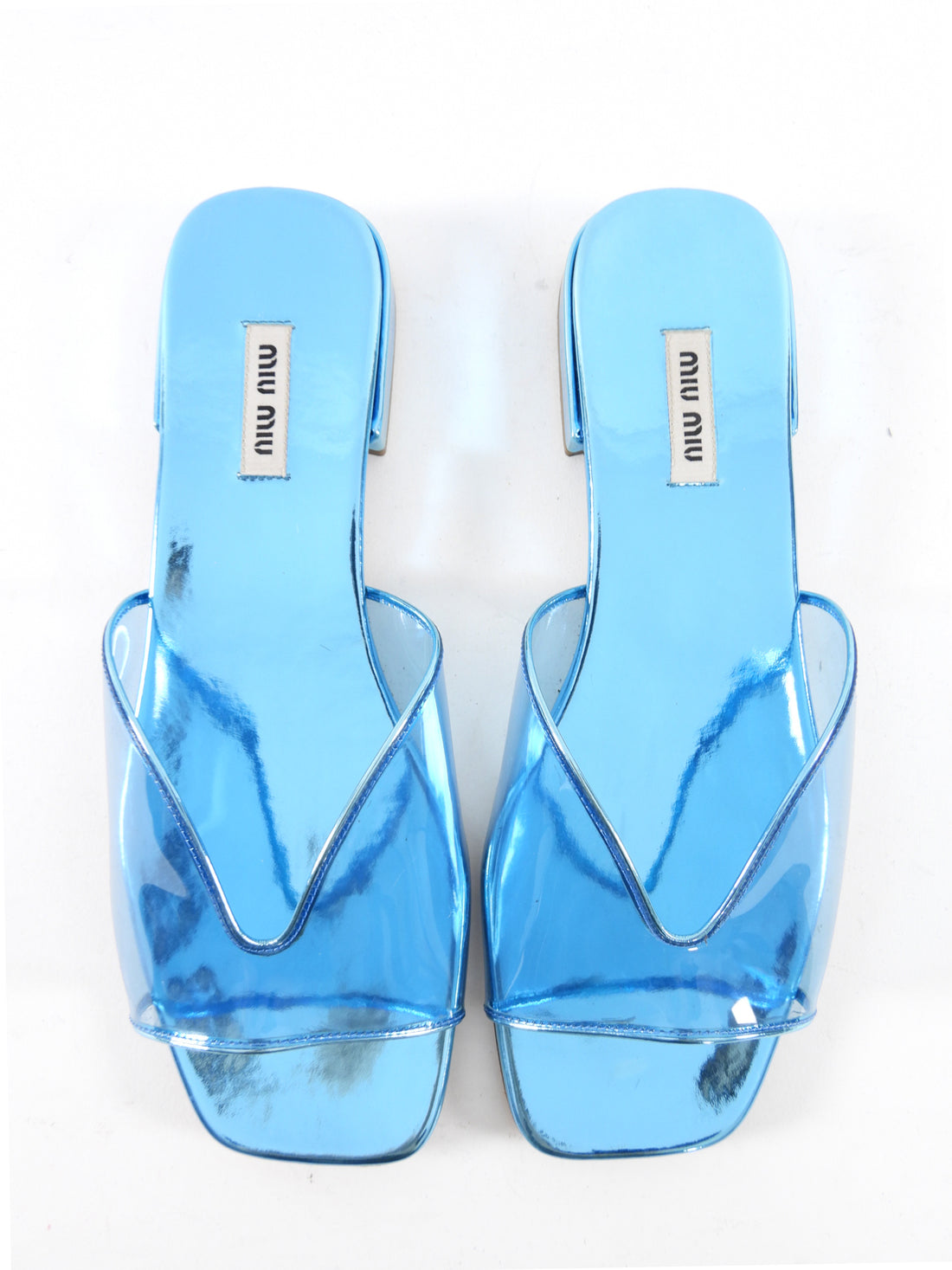 Miu Mu Blue Metallic Leather Clear Flat Sandals - 39.5
