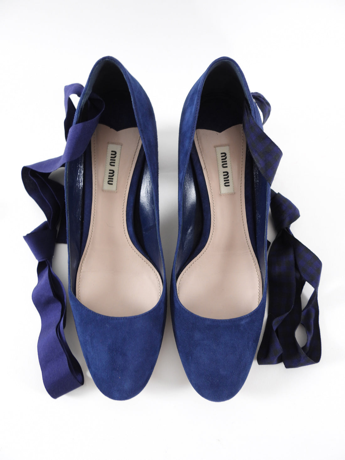 Miu Miu Navy Blue Suede Block Heel Ribbon Pumps - 40