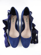 Miu Miu Navy Blue Suede Block Heel Ribbon Pumps - 40