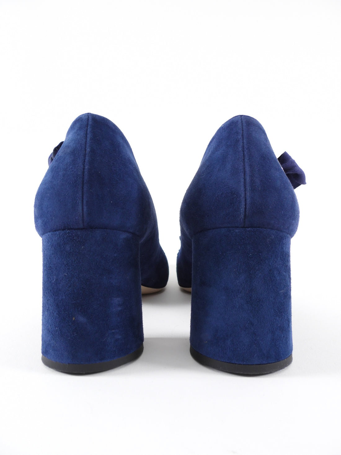 Miu Miu Navy Blue Suede Block Heel Ribbon Pumps - 40