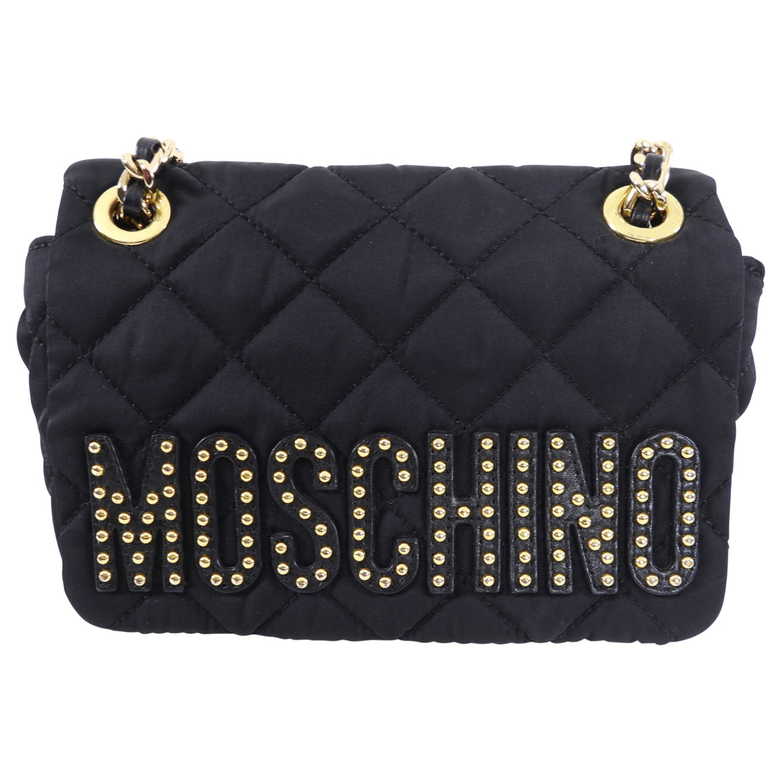 Moschino Black Nylon Logo Stud Chain Flap Bag