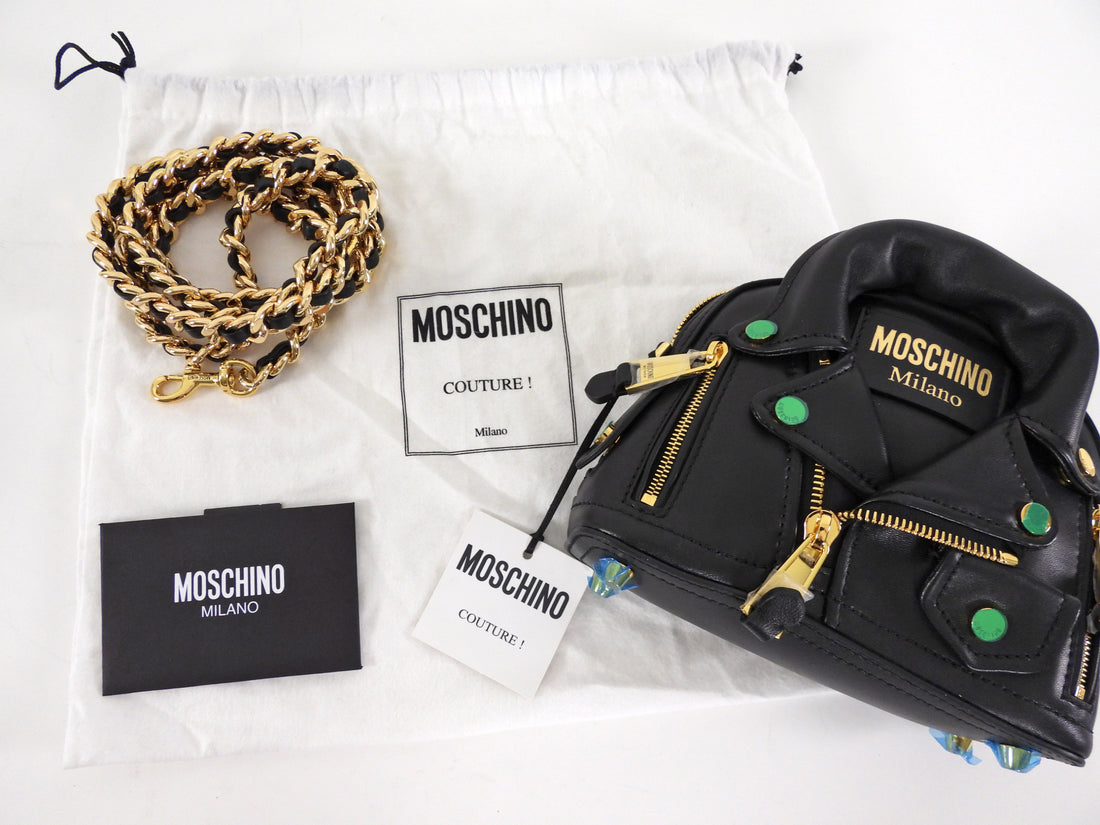 Moschino Couture Black Leather Biker Jacket Mini Chain Shoulder Bag