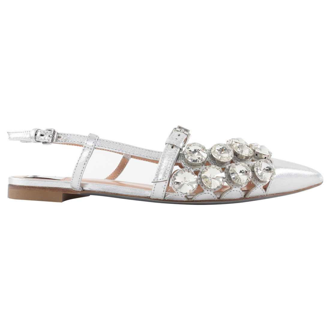 Moschino Couture 40th Anniversary Silver Leather Crystal Embellished Flats - 37