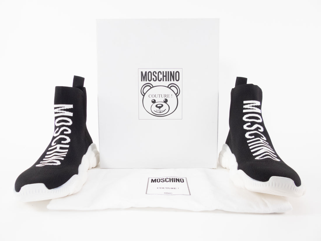 Moschino Couture Black and White Logo Teddy Sole High Top Sock Sneakers - 38