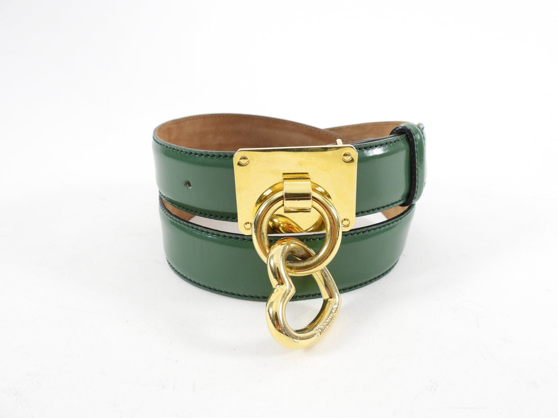 Moschino Vintage Green Leather Gold Heart Charm Belt - 29-31"