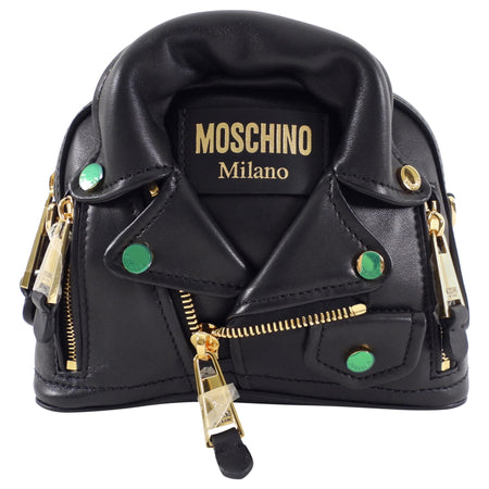 Moschino Couture Black Leather Biker Jacket Mini Chain Shoulder Bag