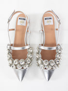 Moschino Couture 40th Anniversary Silver Leather Crystal Embellished Flats - 37