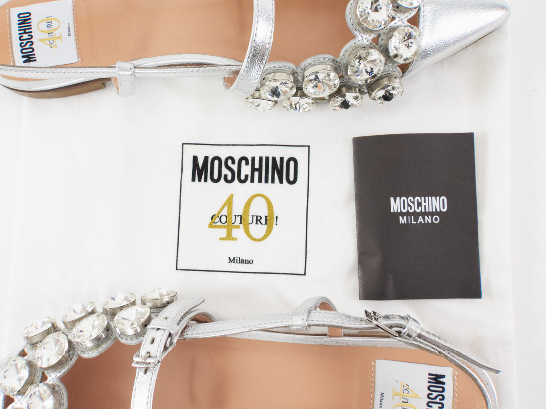 Moschino Couture 40th Anniversary Silver Leather Crystal Embellished Flats - 37