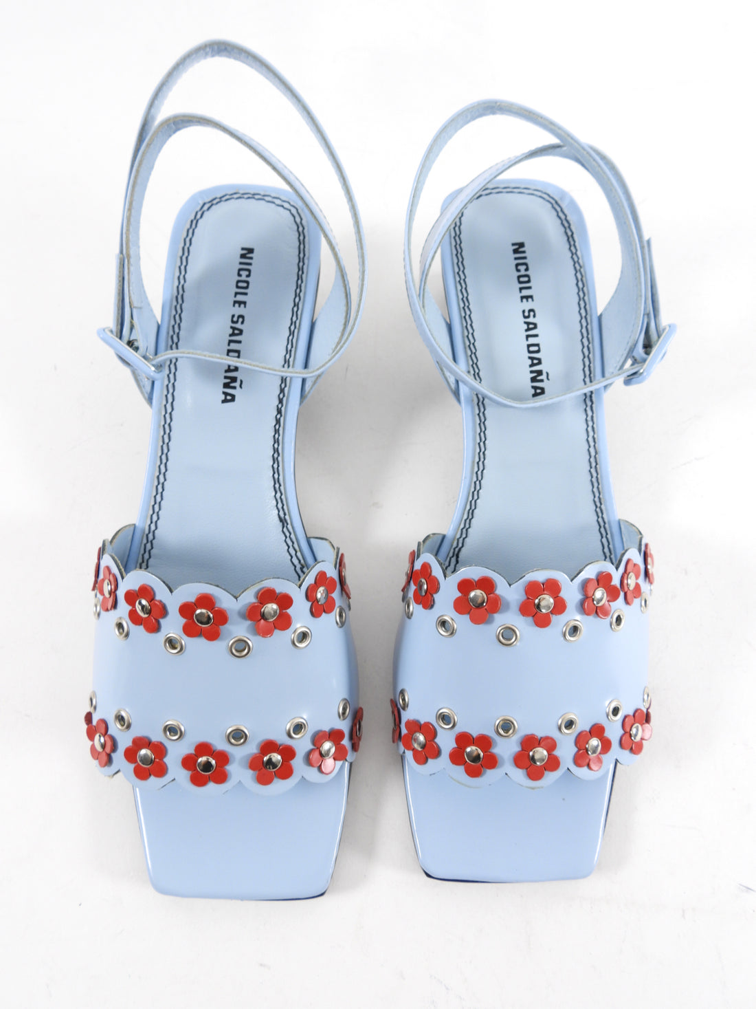 Nicole Saldana Blue and Red Floral Metal Heel Sandals - 39 / 8.5