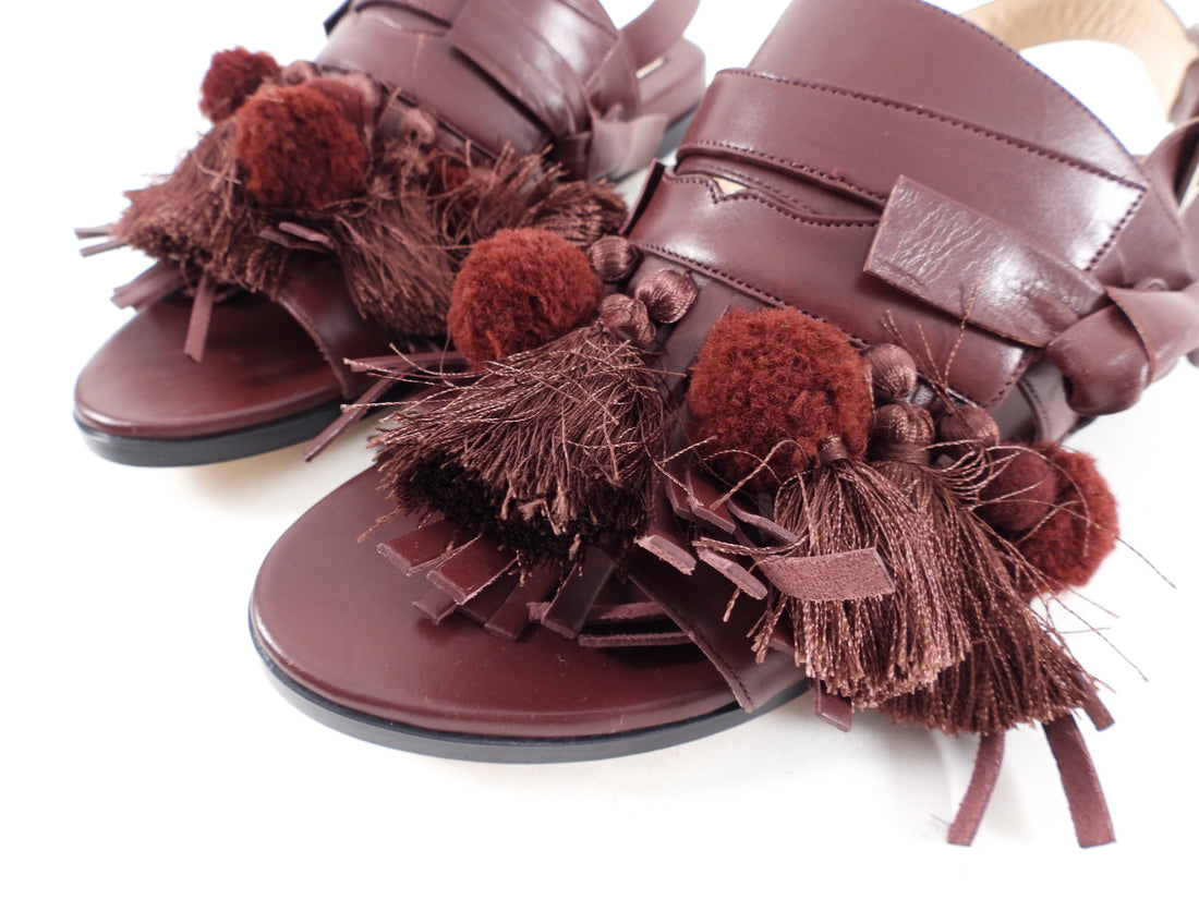 No 21 Mahogany Leather Pom Pom Tassel Flat Sandals - 38.5 / 8
