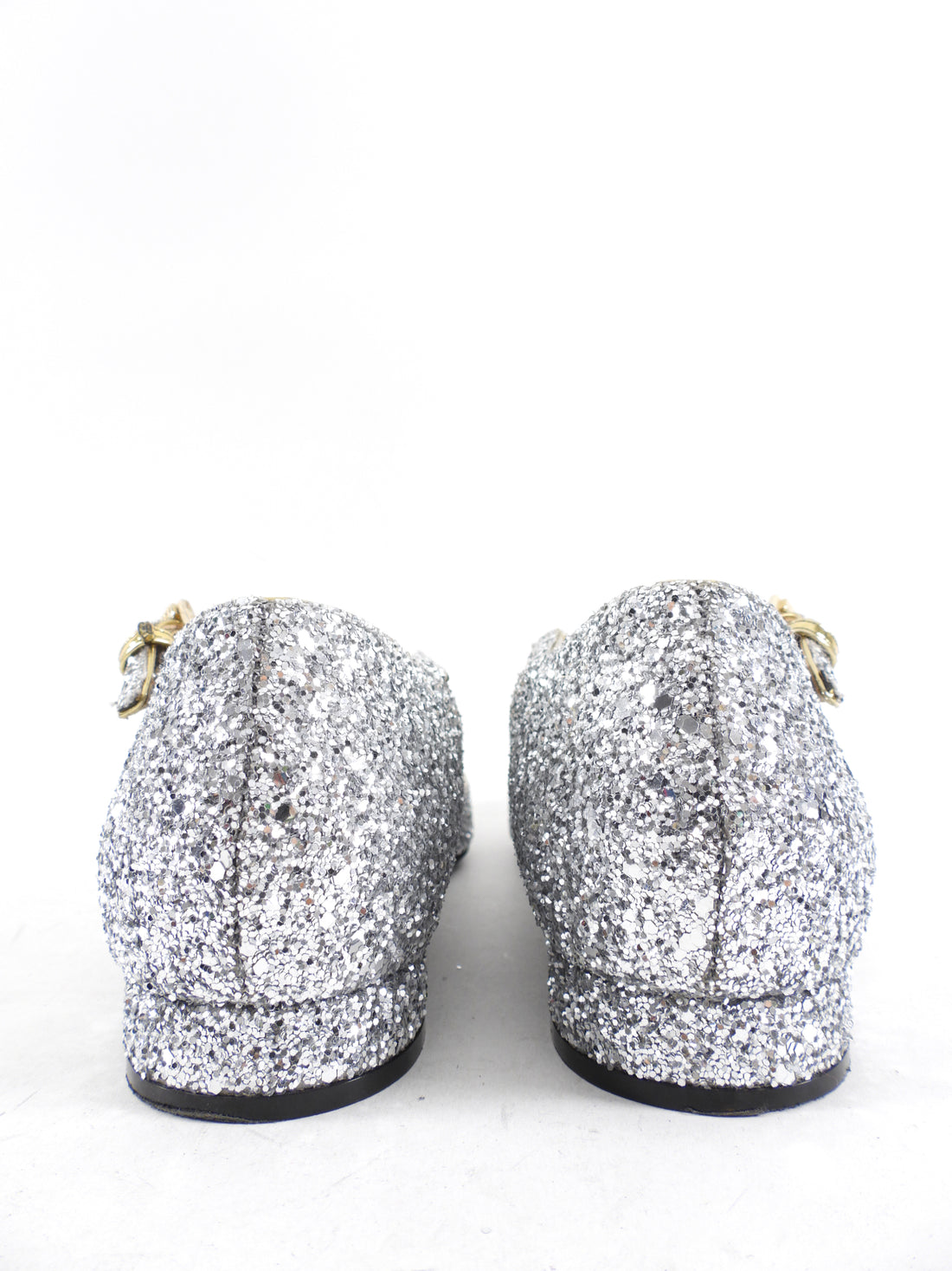 No. 21 Silver Glitter and Gold Chain T-Strap Mary Jane Flats - 39