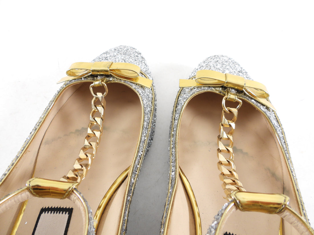 No. 21 Silver Glitter and Gold Chain T-Strap Mary Jane Flats - 39