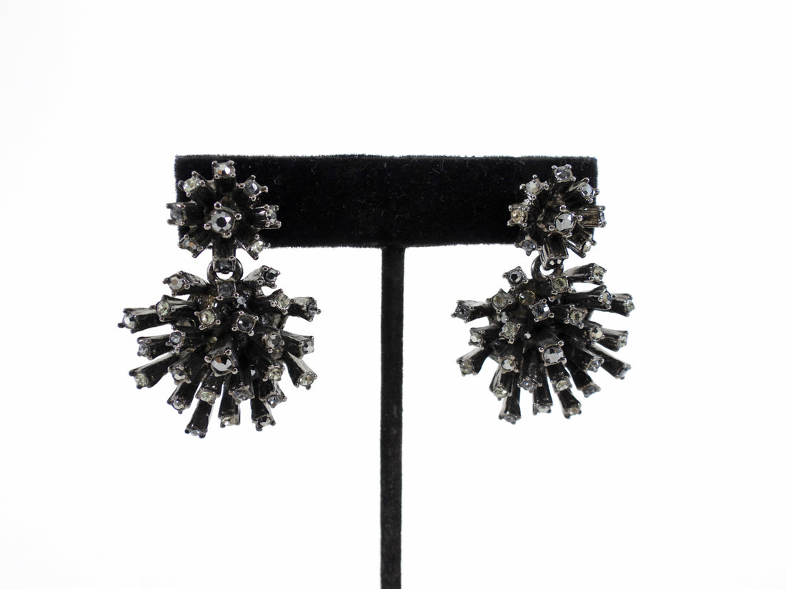Oscar de la Renta Black Metal Crystal Starburst Drop Earrings