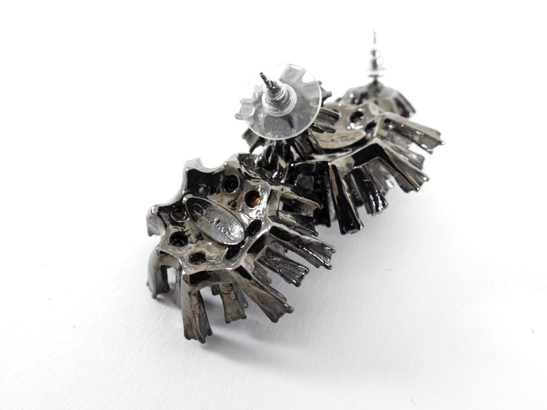 Oscar de la Renta Black Metal Crystal Starburst Drop Earrings