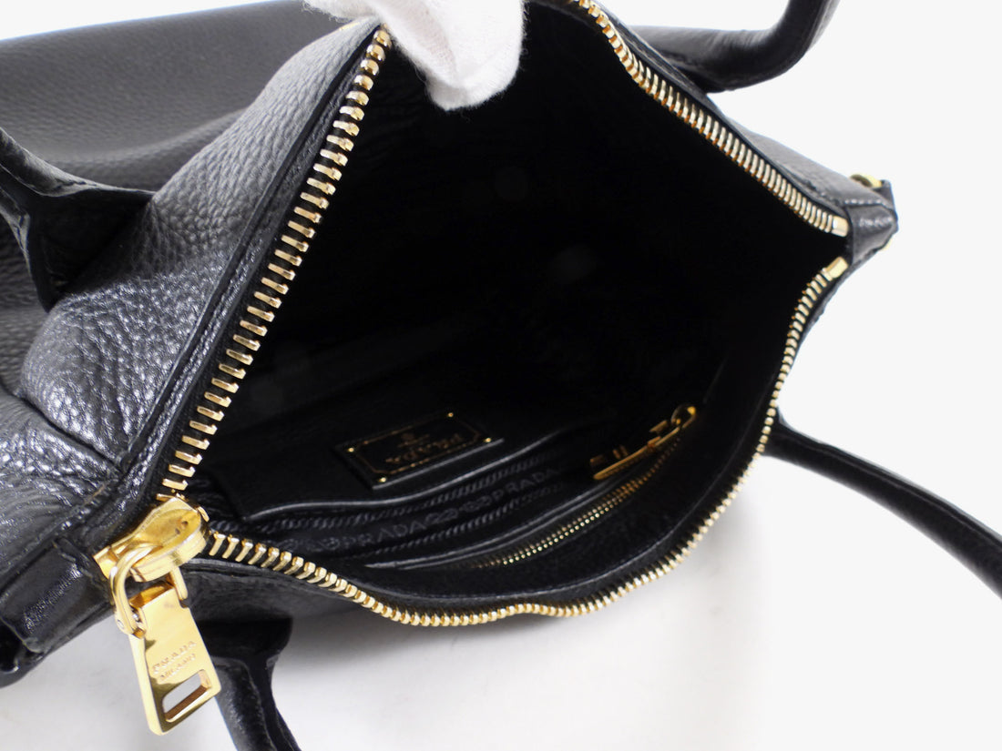 Prada Black Vitello Daino Leather Two Way Satchel Bag