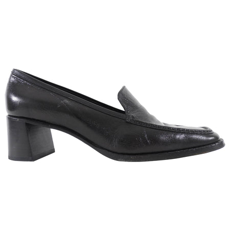 Prada Black Glossed Leather Block Heel Loafers - 39.5
