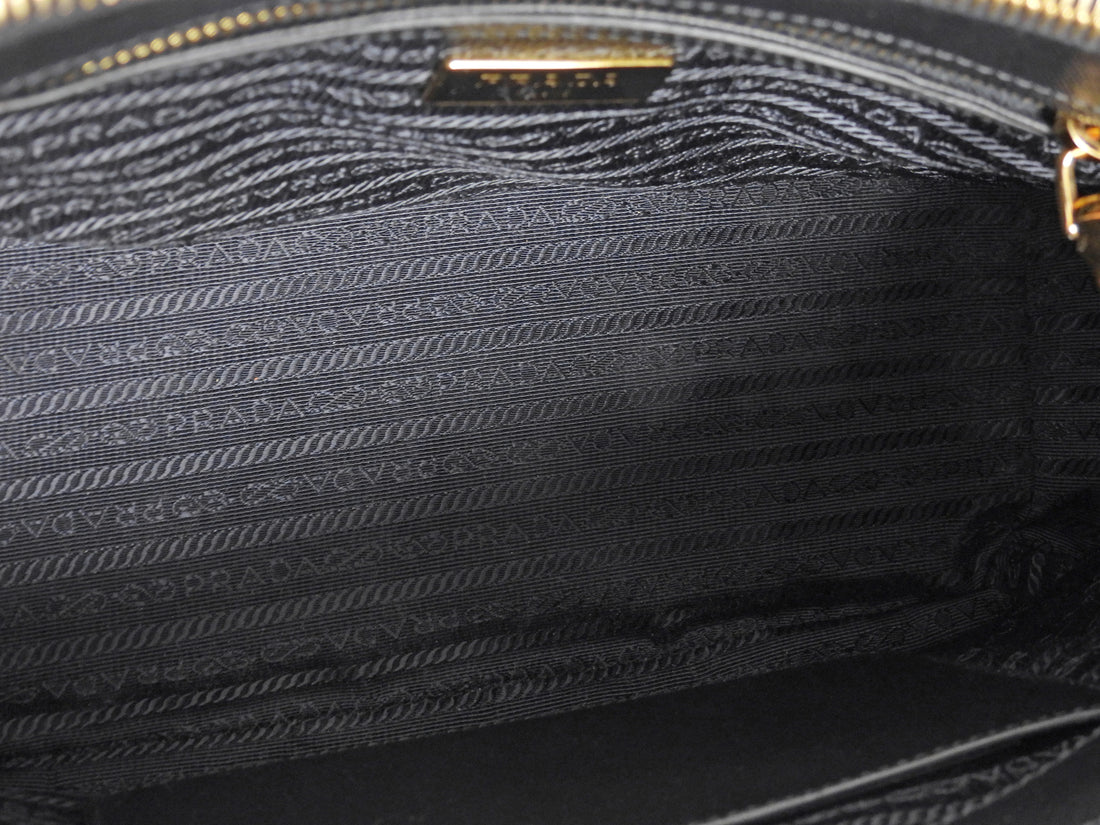 Prada Black Saffiano Lux Leather Double Zip Galleria Small Two Way Tote GHW