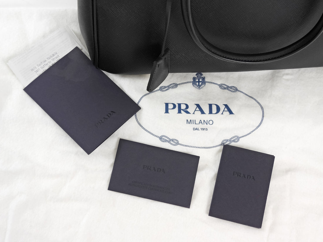 Prada Black Saffiano Lux Leather Double Zip Galleria Small Two Way Tote GHW