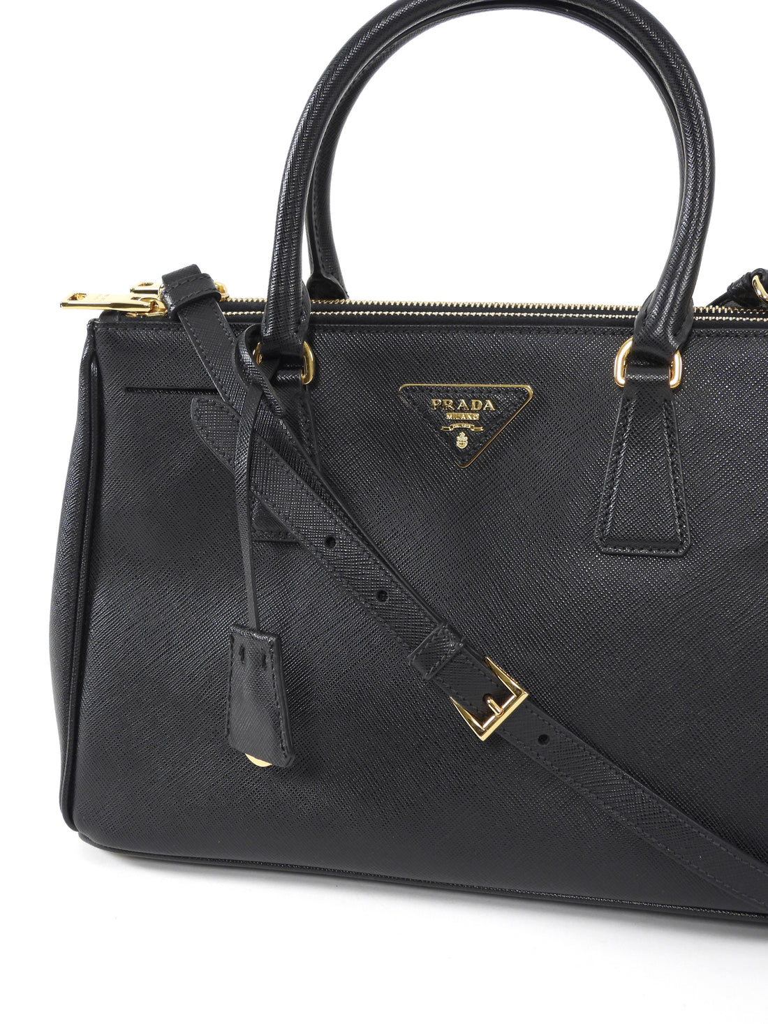 Prada Black Saffiano Lux Leather Double Zip Galleria Small Two Way Tote GHW