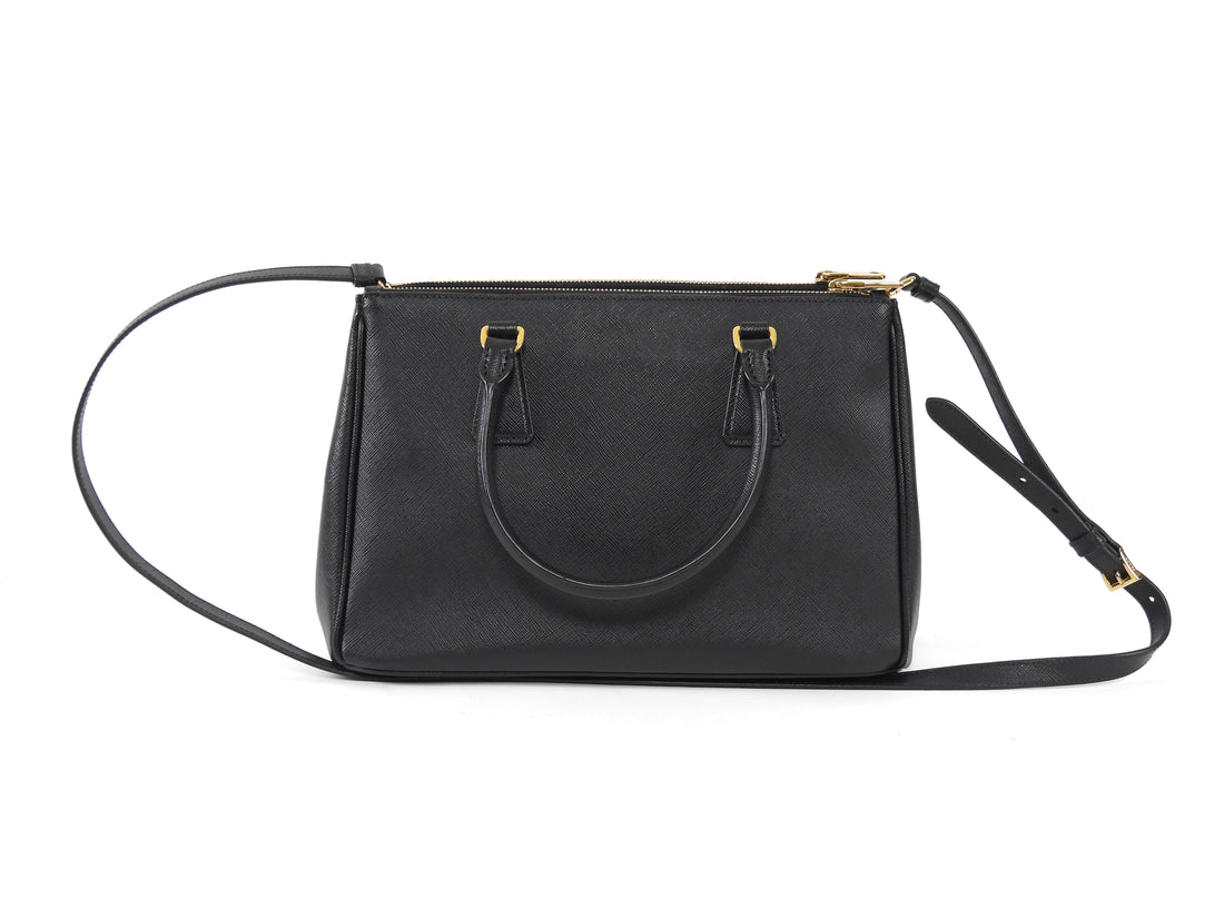 Prada Black Saffiano Lux Leather Double Zip Galleria Small Two Way Tote GHW