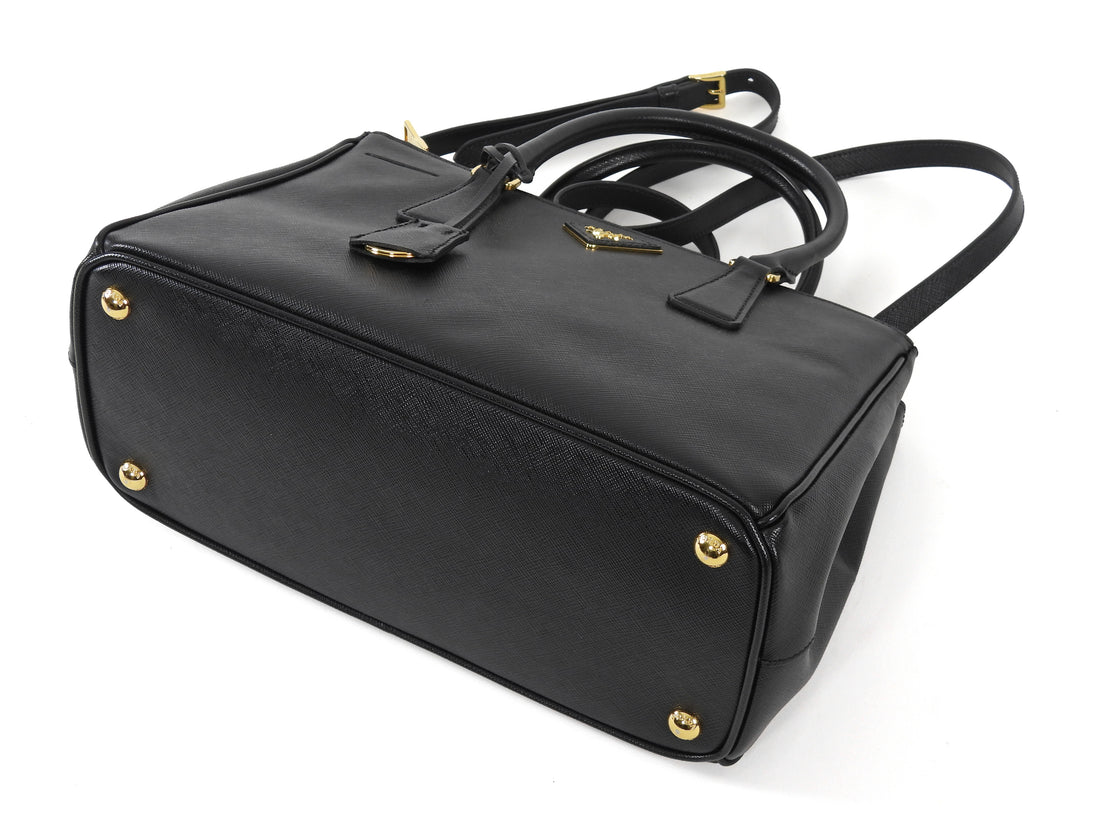 Prada Black Saffiano Lux Leather Double Zip Galleria Small Two Way Tote GHW