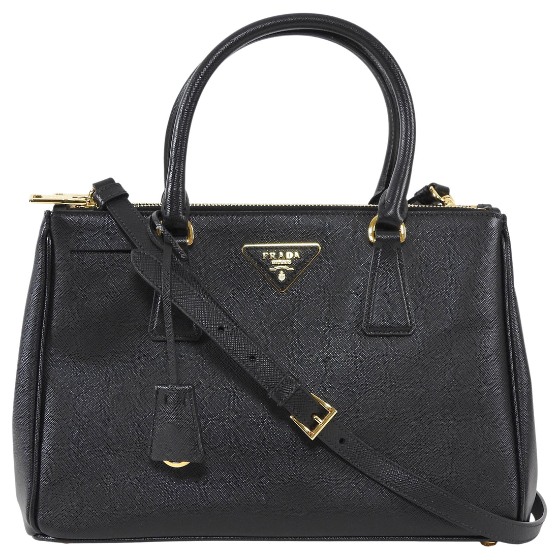 Prada Black Saffiano Lux Leather Double Zip Galleria Small Two Way Tote GHW