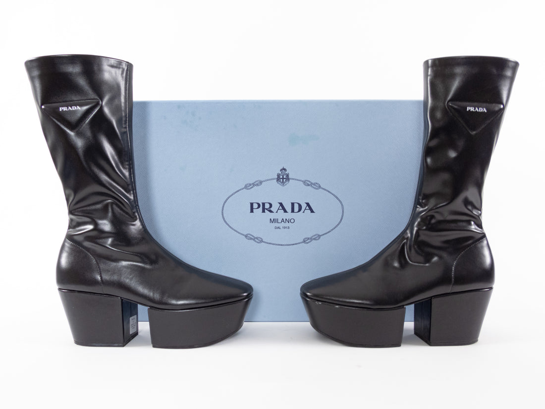 Prada Black Stretch Nappa Leather Platform Block Heel Boots - 37