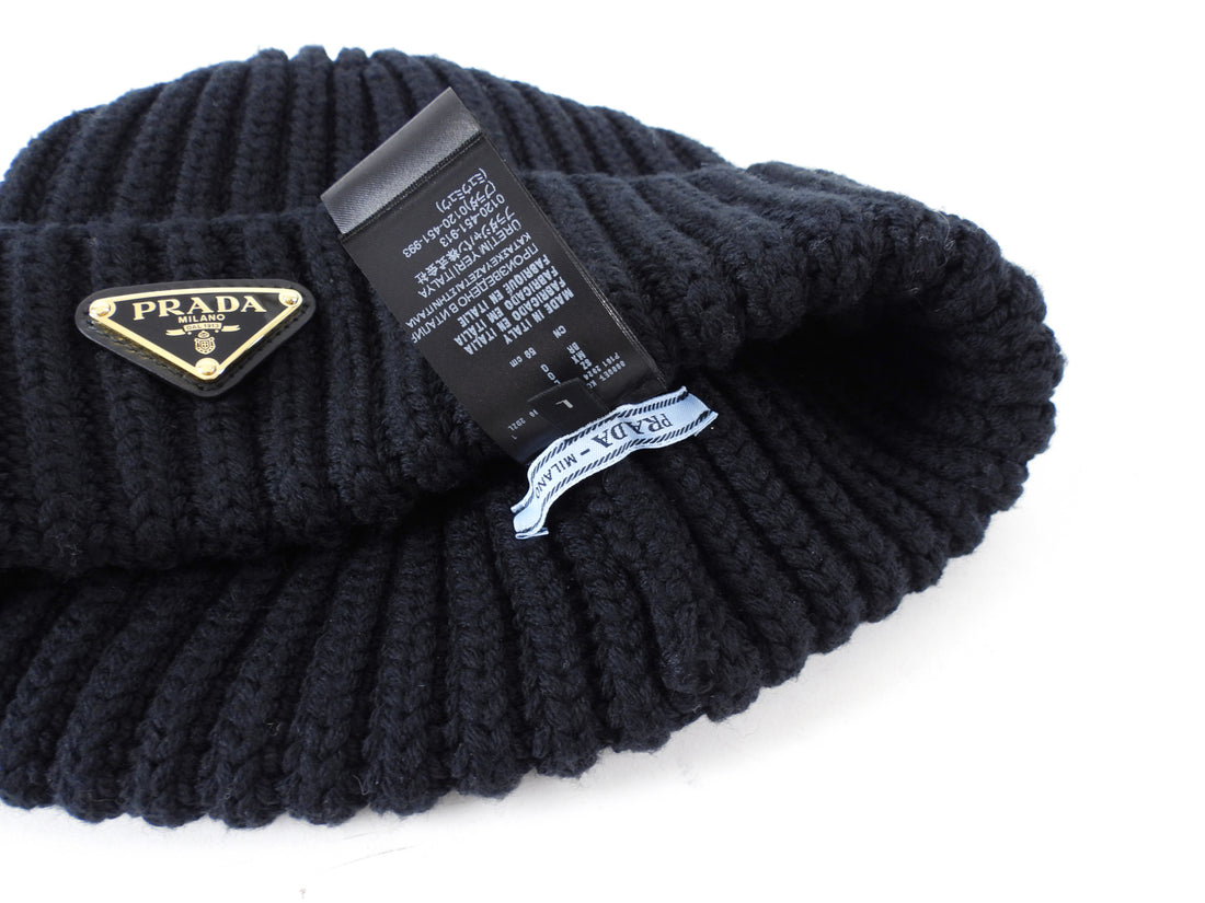 Prada Black Wool Rib Knit Goldtone Triangle Logo Toque Beanie Hat - L / 59