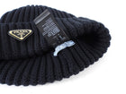 Prada Black Wool Rib Knit Goldtone Triangle Logo Toque Beanie Hat - L / 59