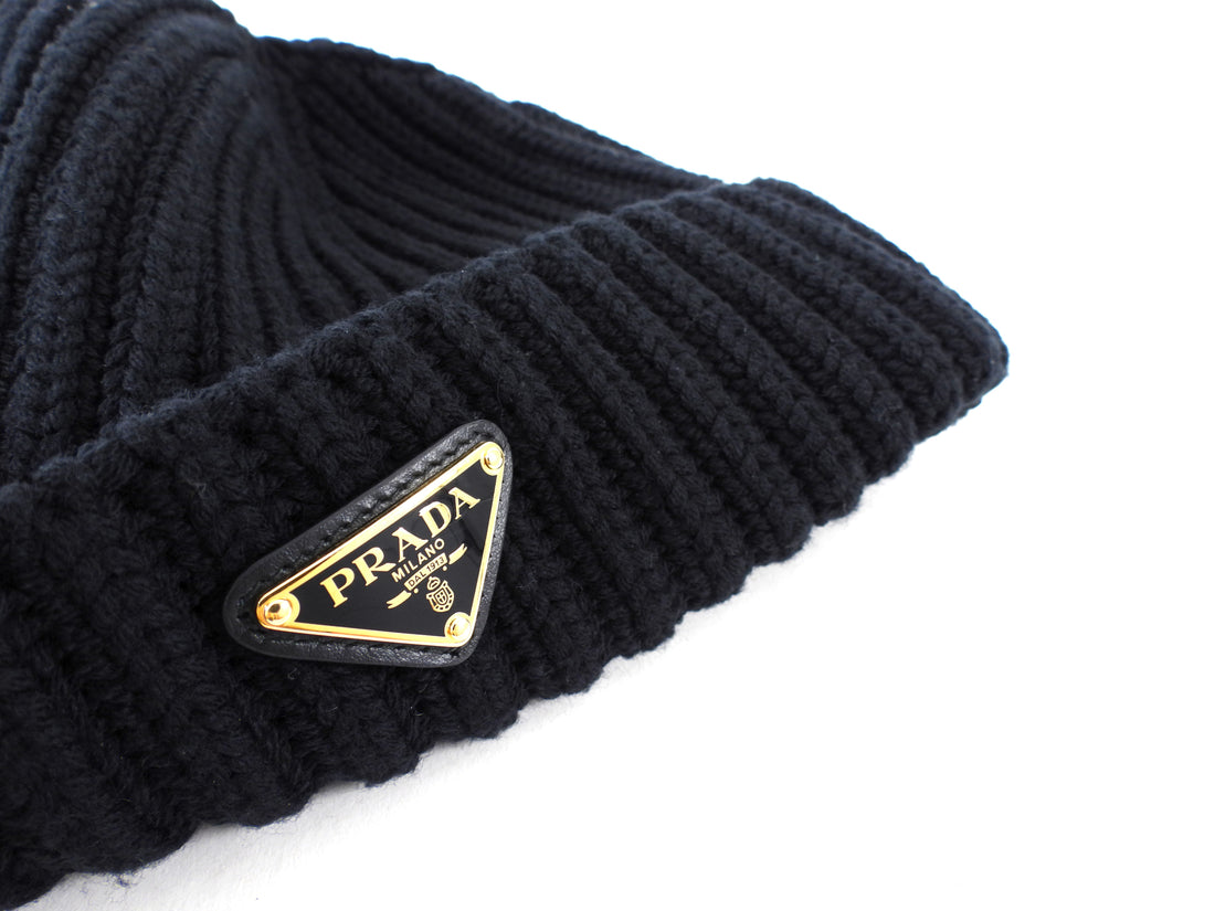 Prada Black Wool Rib Knit Goldtone Triangle Logo Toque Beanie Hat - L / 59