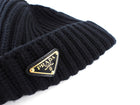 Prada Black Wool Rib Knit Goldtone Triangle Logo Toque Beanie Hat - L / 59