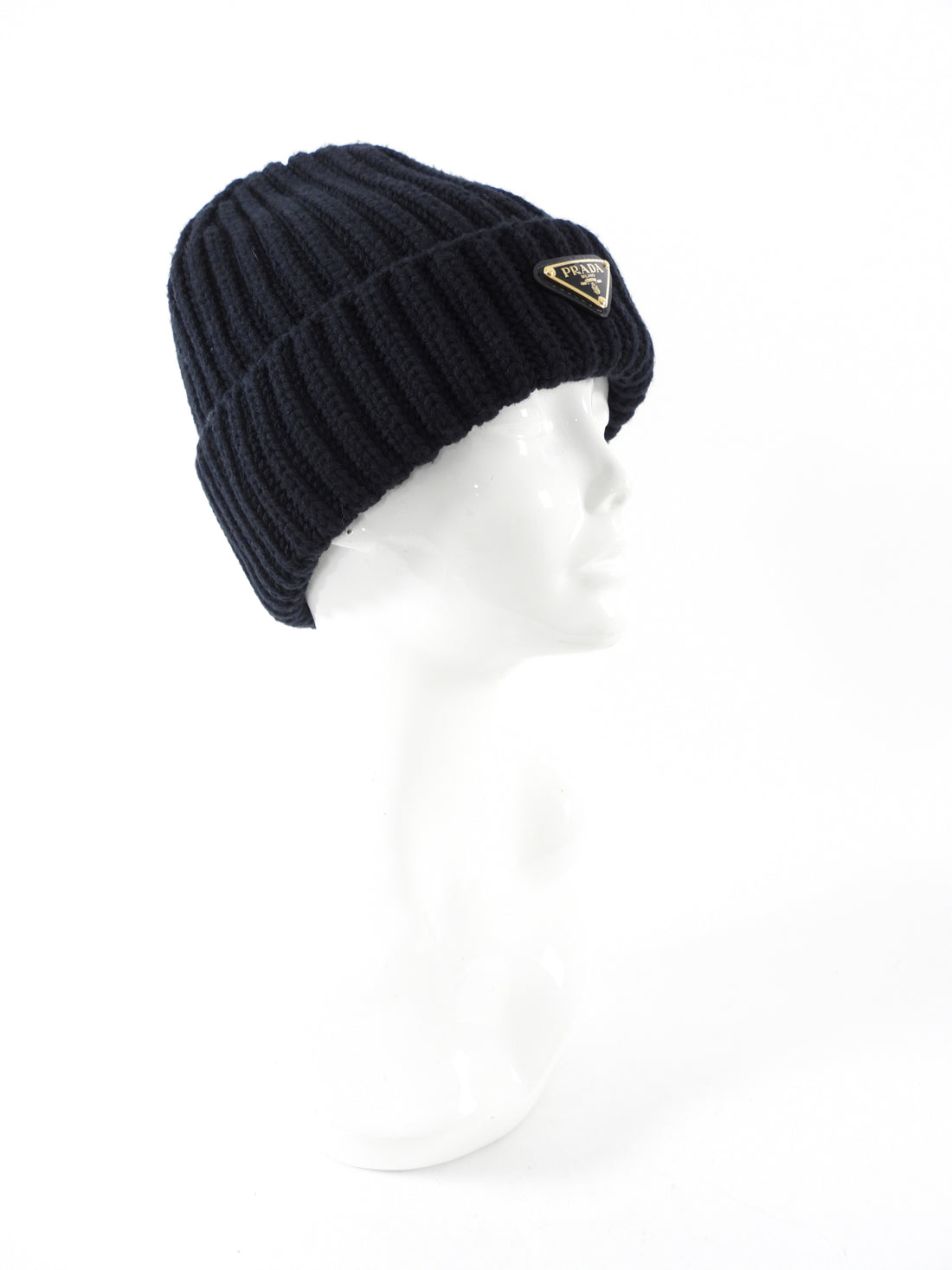Prada Black Wool Rib Knit Goldtone Triangle Logo Toque Beanie Hat - L / 59