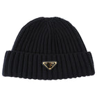 Prada Black Wool Rib Knit Goldtone Triangle Logo Toque Beanie Hat - L / 59