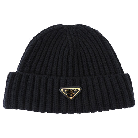 Prada Black Wool Rib Knit Goldtone Triangle Logo Toque Beanie Hat - L / 59