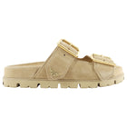 Prada Double Buckle Beige Suede Flat Slide Sandals - 36.5 (fits like 37)