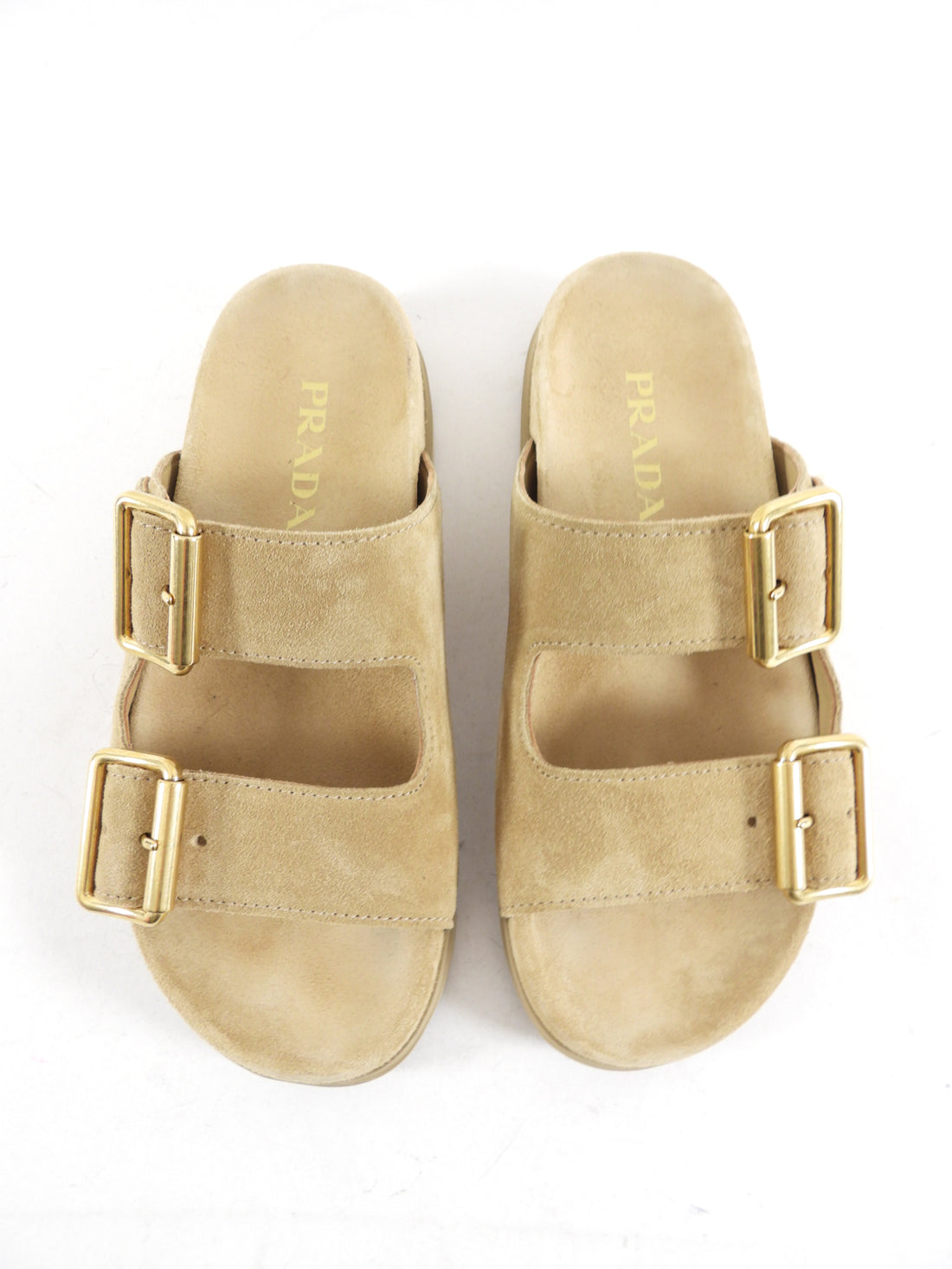 Prada Double Buckle Beige Suede Flat Slide Sandals - 36.5 (fits like 37)