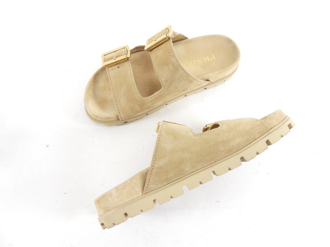 Prada Double Buckle Beige Suede Flat Slide Sandals - 36.5 (fits like 37)